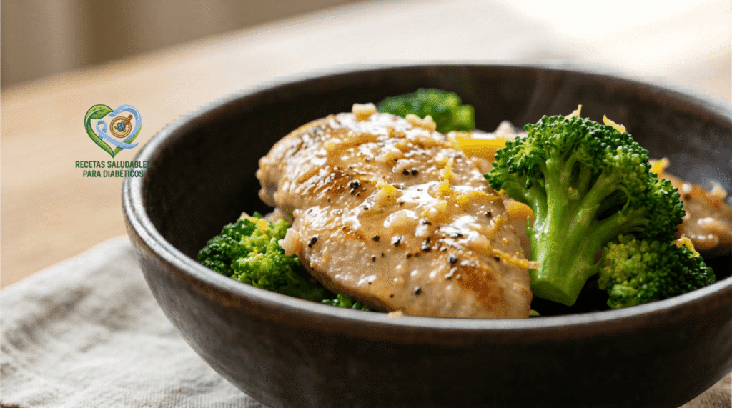 Salteado de pechuga de pollo con brócoli y limón para mantener la glucosa estable en la cena.