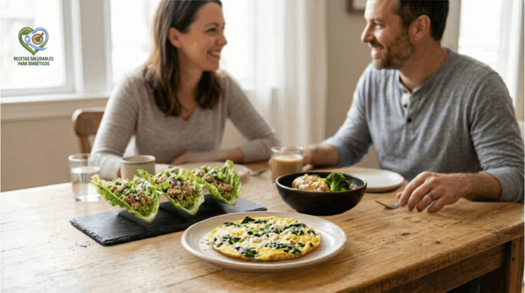 Una pareja sonríe mientras comparte tres platos saludables para diabéticos —salteado de pollo, tacos de lechuga con atún y una tortilla de espinacas— en una mesa de madera, diseñados para mantener la glucosa estable