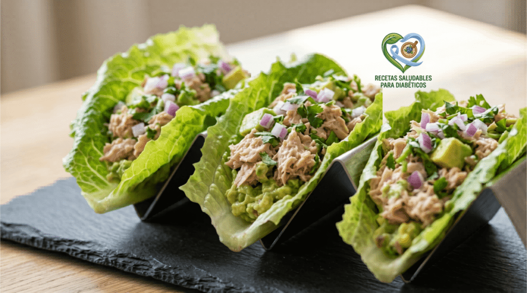 Tacos de hoja de lechuga rellenos de atún y aguacate, opción de cena baja en carbohidratos para diabéticos.