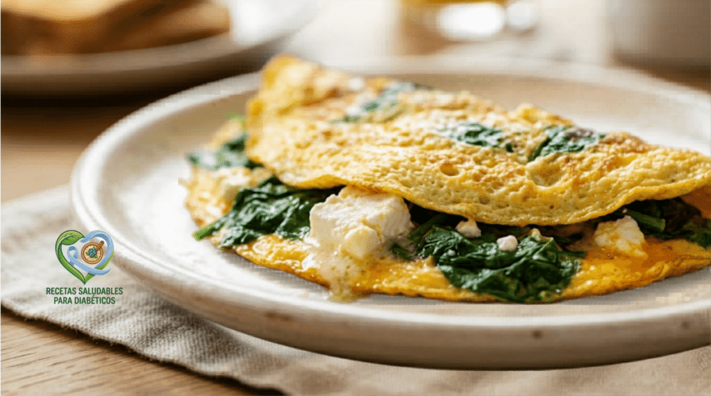 Tortilla de huevos orgánicos con espinacas frescas y queso feta para un desayuno o cena de energía estable