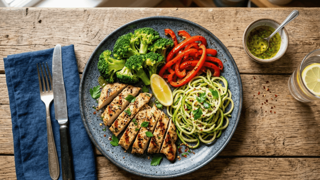 Plato equilibrado de cena saludable con tiras de pollo a la plancha y vegetales frescos salteados para control de glucosa.