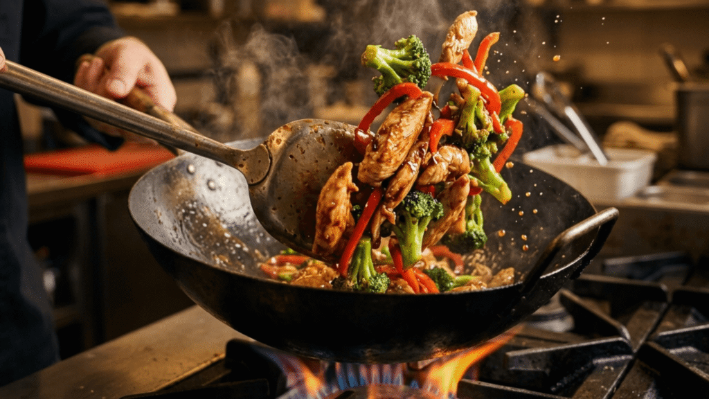 Salteado rápido de pechuga de pollo con brócoli y pimientos en sartén wok.