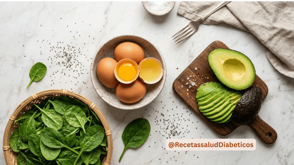ingredientes clave de desayunos para diabeticos con aguacate huevos frescos y espinacas tiernas