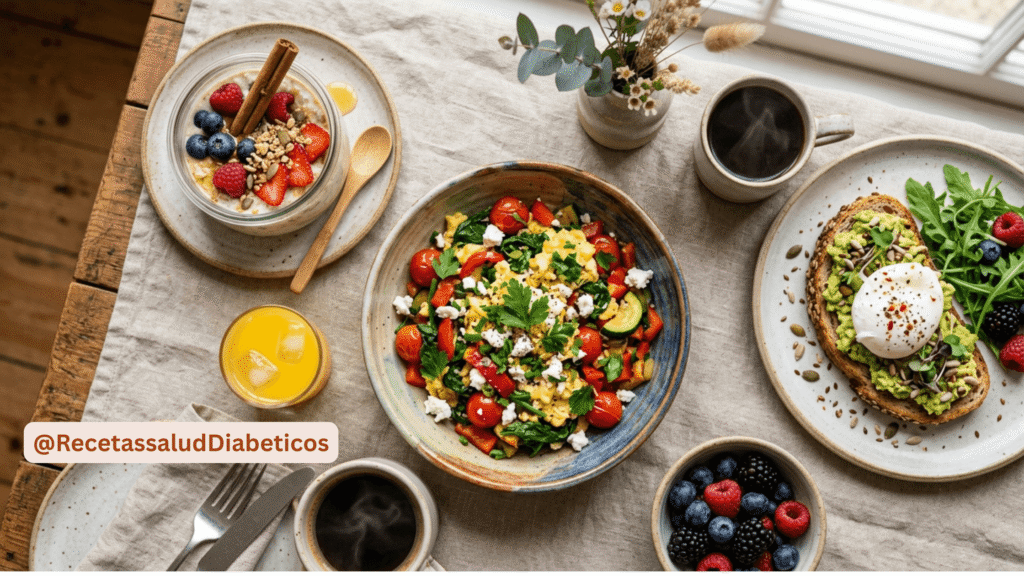 variedad de desayunos saludables para personas con diabetes organizados de lunes a domingo