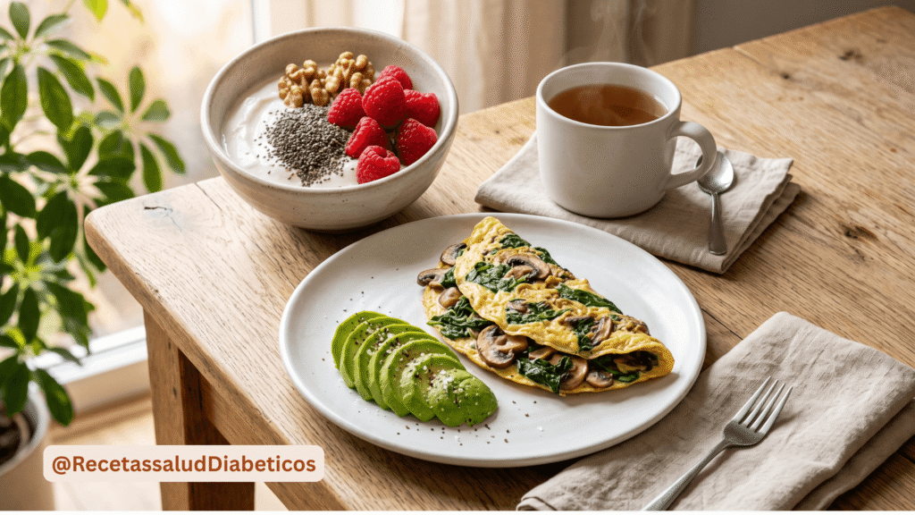 desayunos para diabeticos menu semanal con omelet de espinacas y tazon de yogur griego saludable