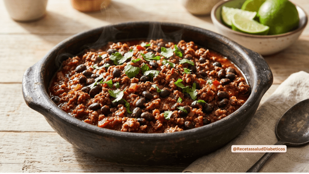 Cazuela rústica de picadillo de res magro con salsa de jitomate asado y frijoles negros para meal prep de personas con diabetes.