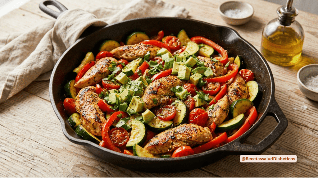 Salteado jugoso de pollo con calabacitas (zucchini) y pimientos