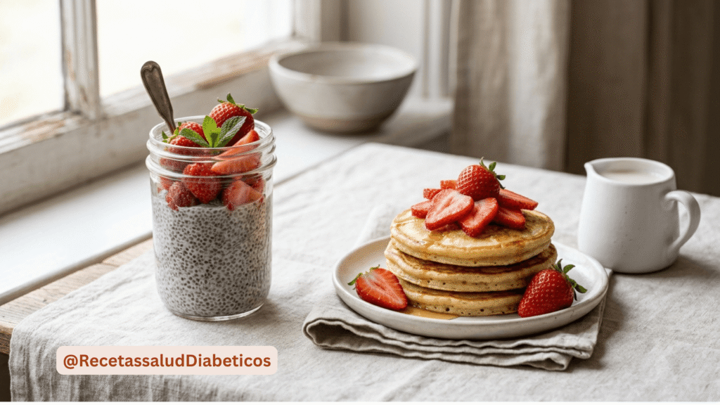 tazon de avena y panqueques de harina de almendras para desayuno bajo en carbohidratos