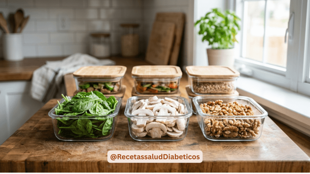 organizacion de meal prep semanal de vegetales e ingredientes para desayunos diabeticos