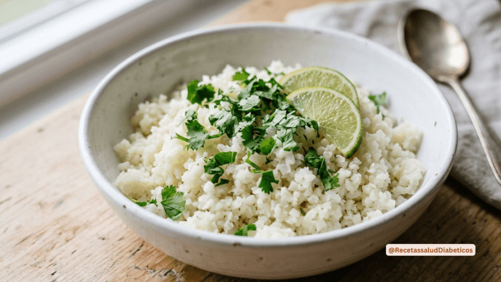 Arroz de coliflor esponjoso con cilantro y limón para almuerzos saludables.