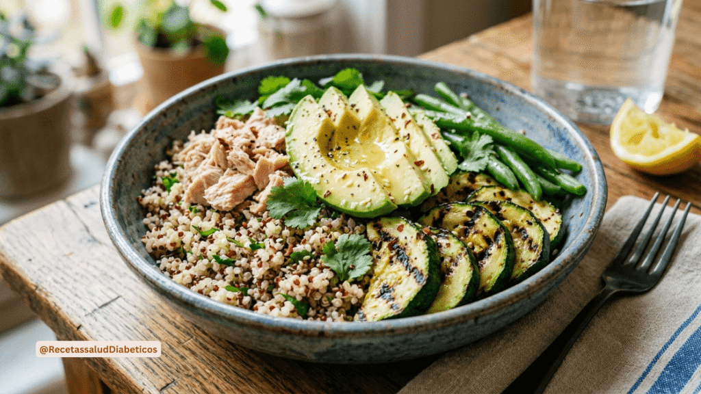 Bowl de quinoa con atún y vegetales verdes para diabéticos.