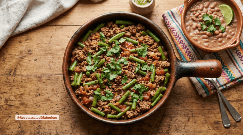 Cazuela de carne molida magra con ejotes y salsa natural de jitomate al ajo en sartén.