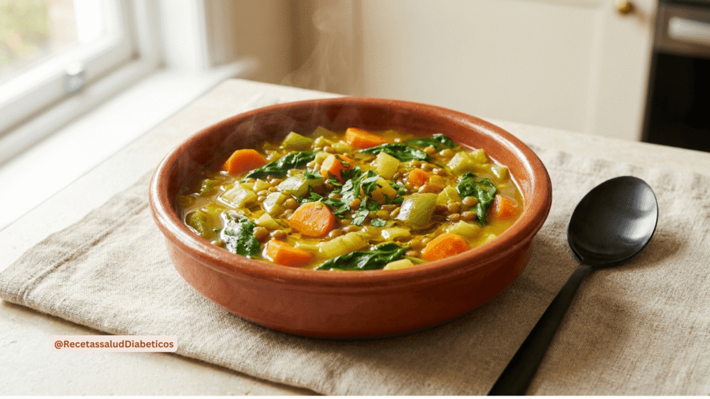 Cazuela casera de lentejas pardinas con espinacas y cúrcuma baja en índice glucémico para diabéticos.