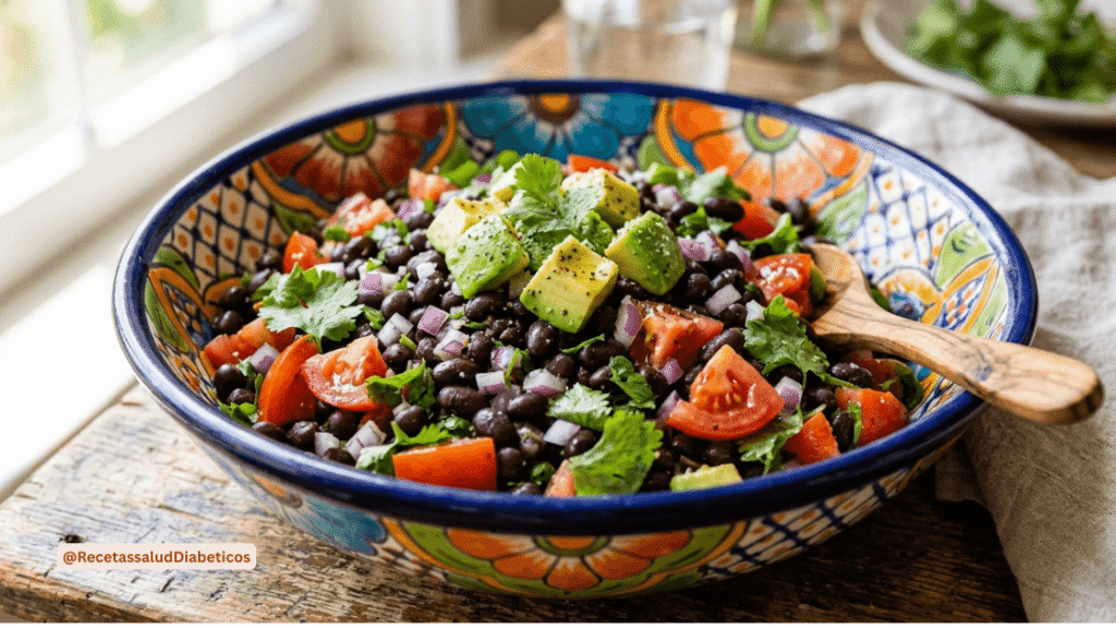 Ensalada fría de frijoles negros con aguacate, rica en almidón resistente.