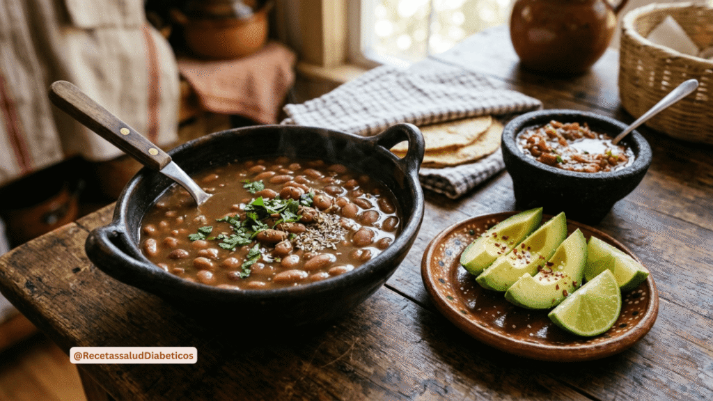 Plato tradicional de frijoles de la olla con aguacate para diabéticos.
