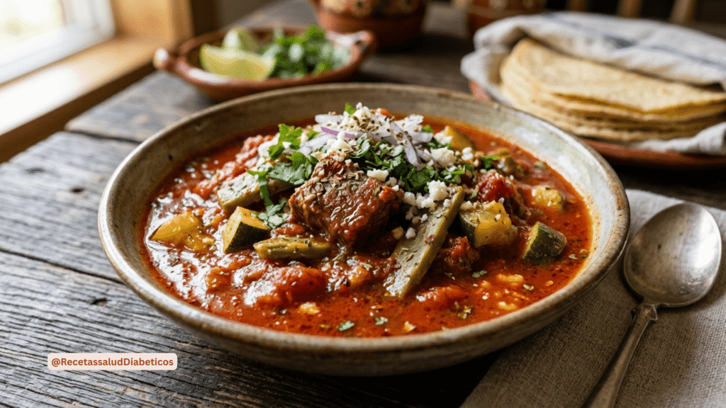 Guisado de res con nopales y calabacitas en salsa de tomate.