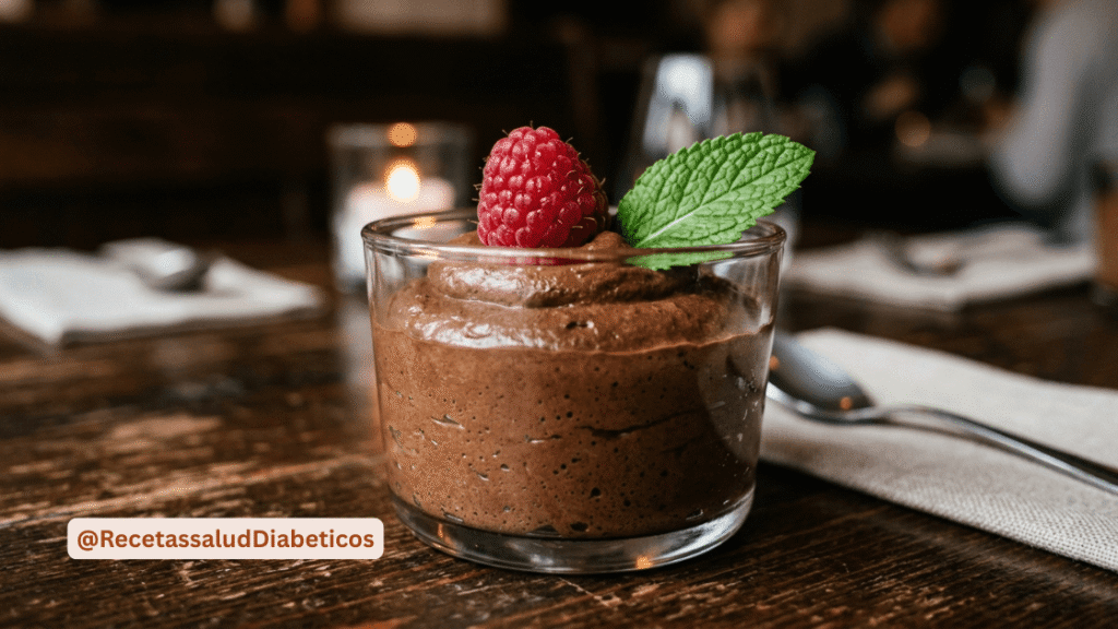 Mousse de chocolate negro sin azúcar con aguacate y frambuesa.