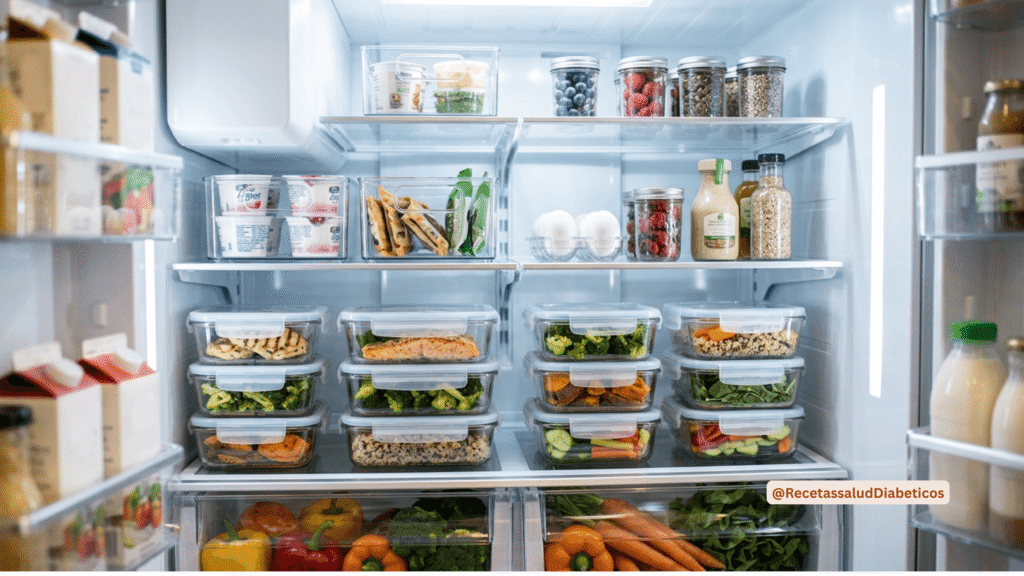 Refrigerador organizado con recipientes de vidrio herméticos para la planificación semanal de comidas.