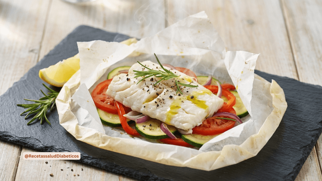 Filete de pescado blanco al papillote con verduras mediterráneas al vapor para menú semanal de diabetes tipo 2.