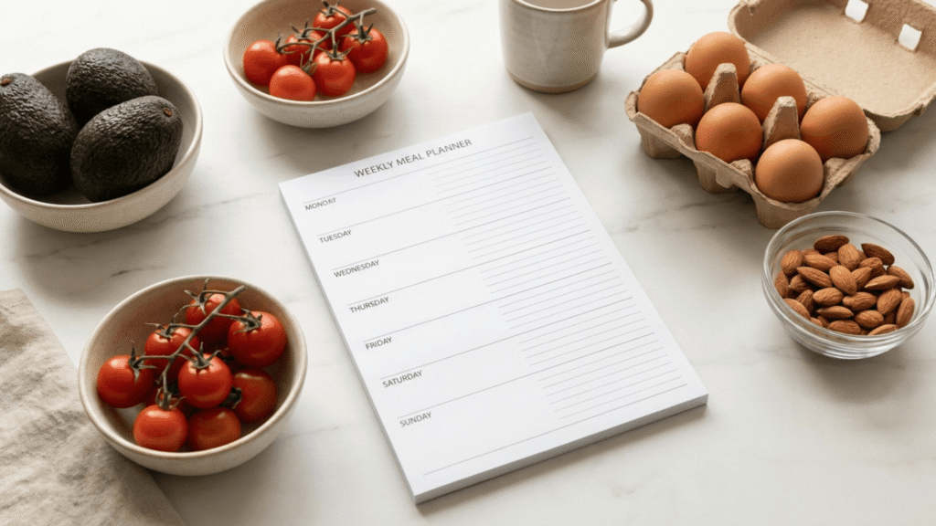 Plan de alimentación para diabéticos semanal con tabla de comidas e ingredientes frescos sobre encimera luminosa.