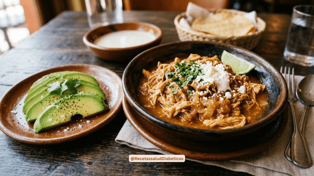 Pollo entomatado casero servido con rebanadas de aguacate Hass.