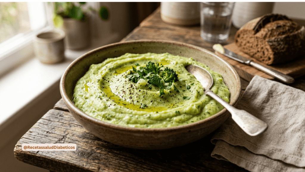 Puré cremoso de brócoli y ajo como sustituto saludable de la papa.
