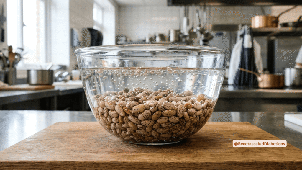 Frijoles en remojo para eliminar antinutrientes y facilitar la digestión en diabéticos.
