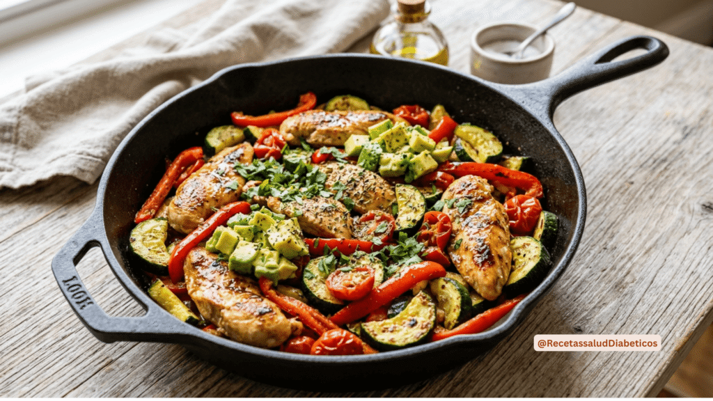 Salteado jugoso de tiras de pechuga de pollo con calabacitas, pimientos rojos y aguacate en sartén.