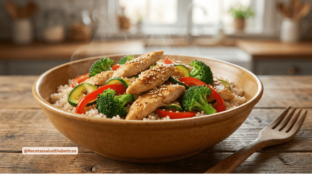 Salteado de pechuga con quinoa y vegetales frescos cocinados al dente para menú semanal de diabetes tipo 2.