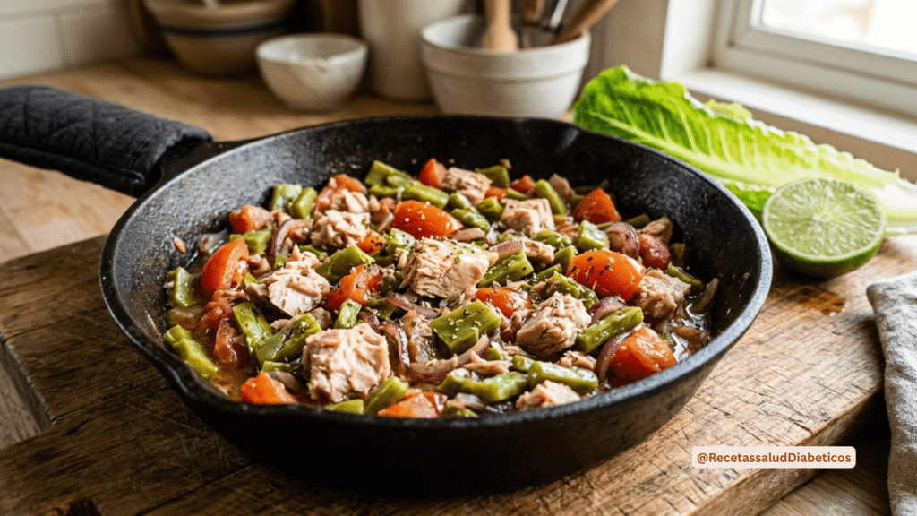 Sartén campesino de atún salteado con nopales tiernos y jitomate fresco.