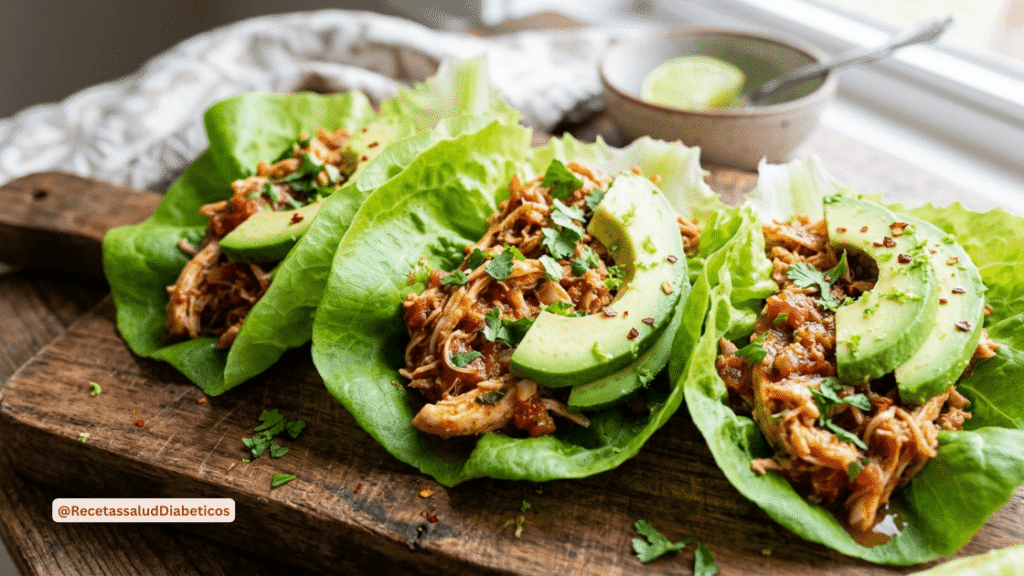 Wraps de lechuga rellenos de pollo, opción sin harina para el almuerzo.