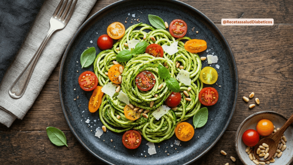Fideos de calabacita (zucchini) con salsa pesto, opción sin harina.