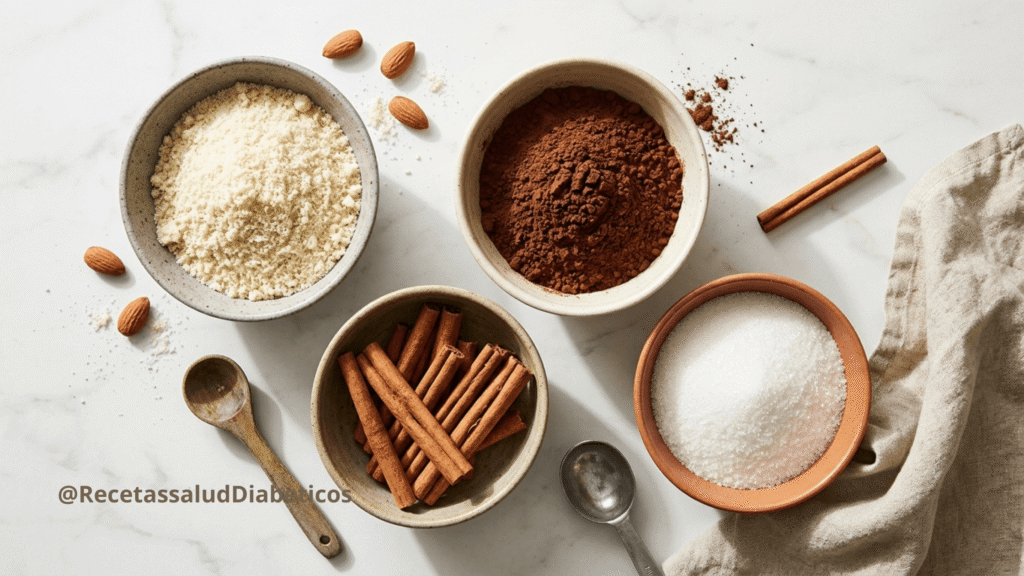 Cuencos con harina de almendras, cacao en polvo puro y canela en rama
