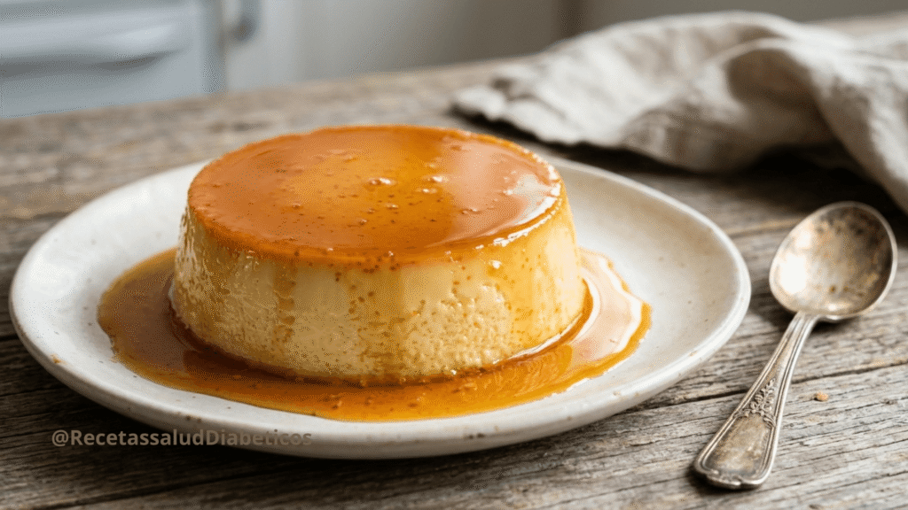 Porción de flan sin azúcar para diabéticos desmoldado con sirope dorado y suave