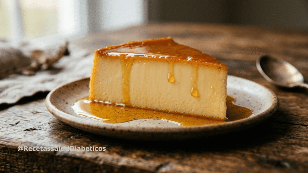 Corte de flan cremoso sin azúcar mostrando su interior suave y sedoso